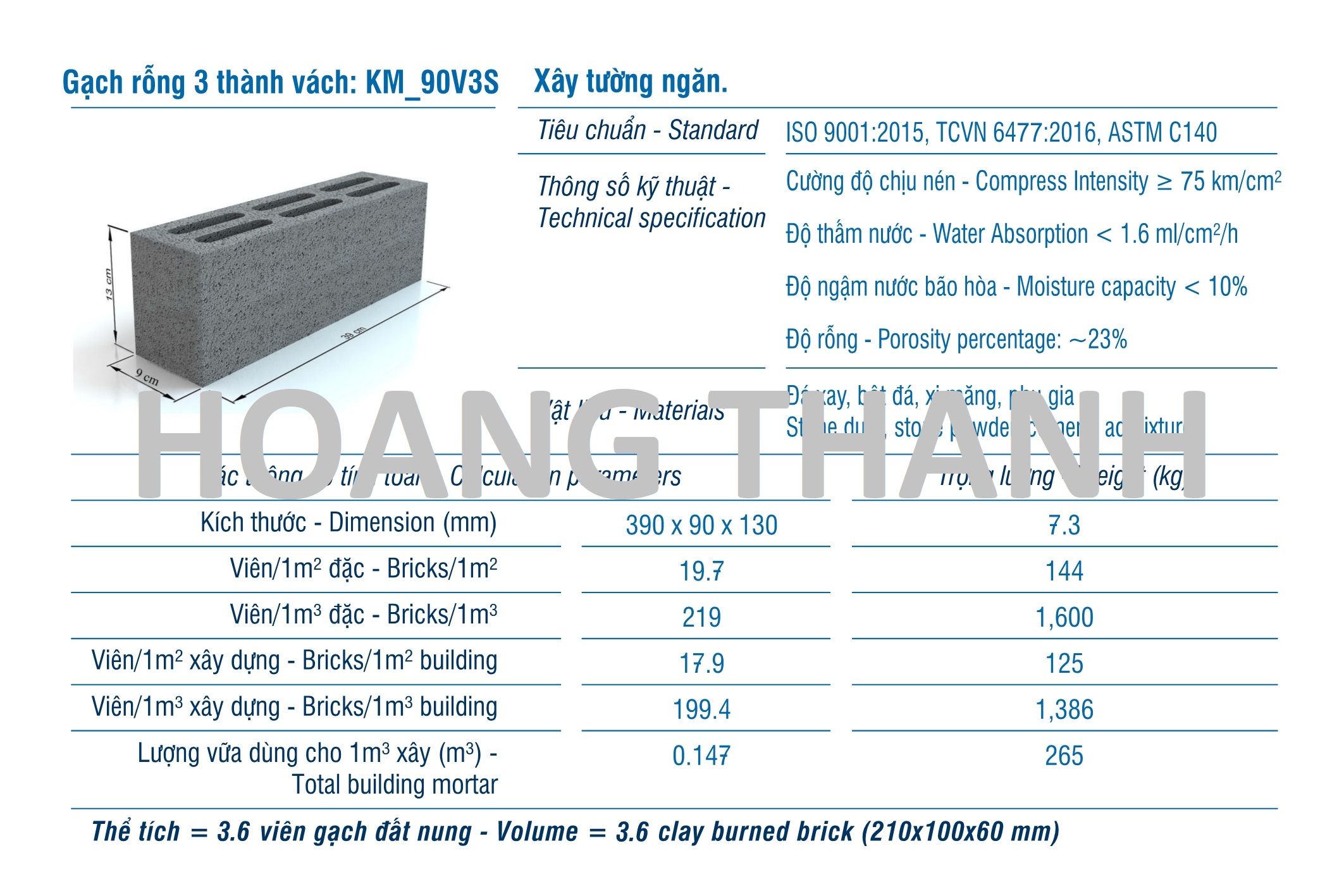 Gạch XMCL cao 130mm xây tường rỗng 200mm